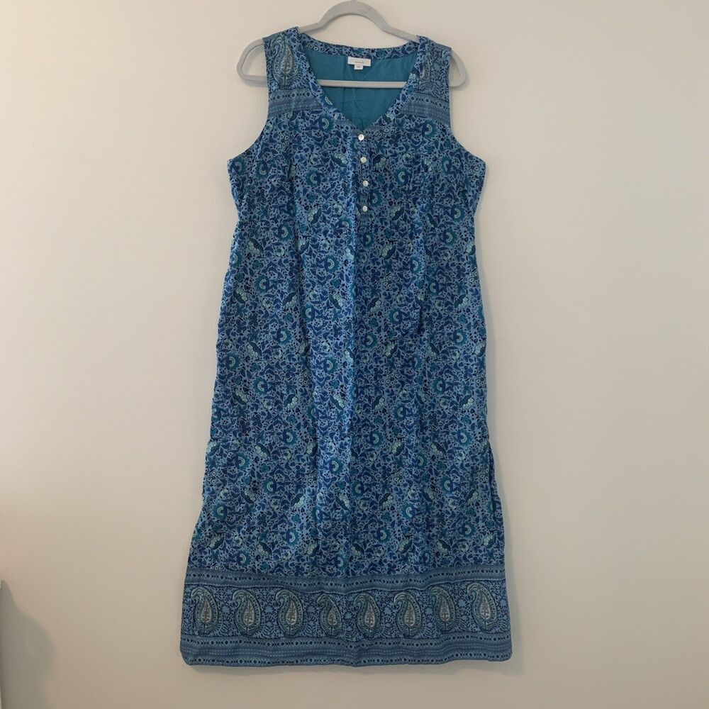 J Jill Pure Floral Maxi Dress Blue Lined Paisley Slit Cotton - Size Large